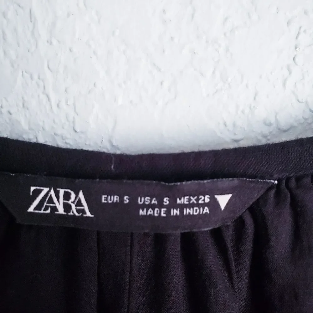 Zara Black Embroidered Balloon Sleeve Linen Dress
